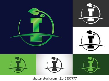 Initial I monogram alphabet with circle leaf and swoosh. Eco-friendly logo concept. Modern vector logo for ecological business and company identity