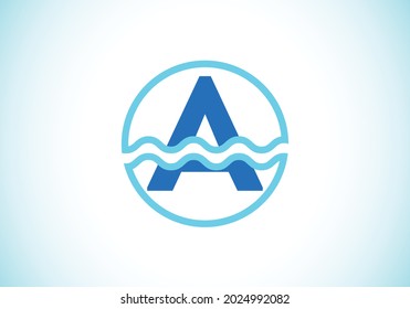 Initial A monogram alphabet in a circle with water waves. Water wave logo design. Logo for the ocean, sea-related business, and company identity