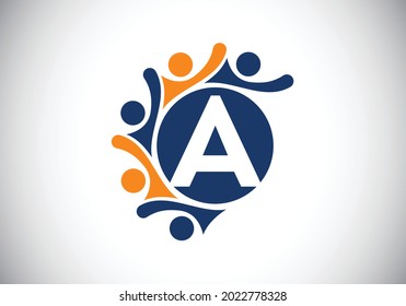Initial A monogram alphabet with connecting people. Team, cooperation logo sign symbol. Font emblem. Logo for corporate business collaboration and great work