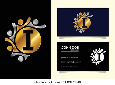 Initial I monogram alphabet with connecting people. Team, cooperation logo sign symbol.