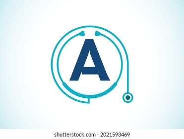 Initial A monogram alphabet with doctor stethoscope. Vector stethoscope logo or icon. Logo for medical and pharmaceutical business and company identity