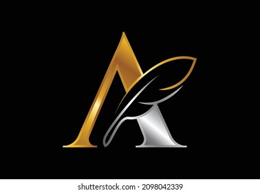 Initial A monogram alphabet with a feather. Font emblem. Law firm icon sign symbol. Modern vector Logo for a writer or publishers business and company identity
