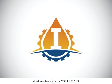 Initial I monogram alphabet with gear swoosh and oil. Oil and gas logo concept. Font emblem. Modern vector logo for petroleum business and company identity