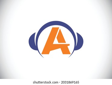Primer alfabeto monograma con auricular. Logotipo de auriculares. Símbolo de signo musical. emblema de letra. Elemento de diseño para afiches, pancartas, camisetas, portada para portátiles, pegatinas, tarjeta de felicitación, bolso, insignia.