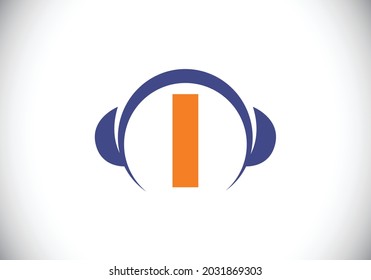 Alfabeto monograma inicial con auriculares. Logotipo de auriculares. Símbolo de signo musical. emblema de letra. Elemento de diseño para afiches, pancartas, camisetas, portada para portátiles, pegatinas, tarjeta de felicitación, bolso, insignia.