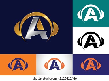 Initial A monogram alphabet with a headphone. Headphone Logo. Music sign symbol. Font emblem.