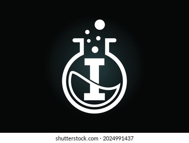 Initial I monogram alphabet with lab glass, chemical liquid, and bubbles. Lab logo design. Logo for science, and technology business and company identity