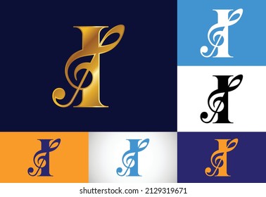 Initial I monogram alphabet with a musical note. Symphony or melody signs. Musical sign symbol.