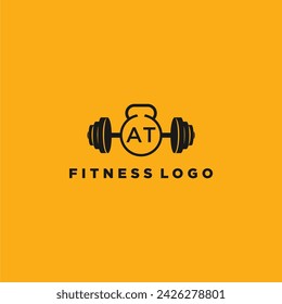 AT initial monogram for fitnes or gym logo with creative barbell design