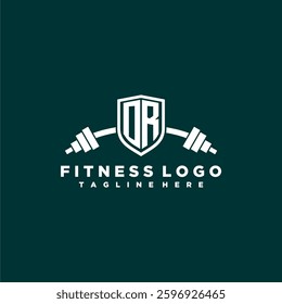 OR initial monogram for fitnes or gym logo with creative shield and barbell design