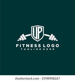 UP initial monogram for fitnes or gym logo with creative shield and barbell design
