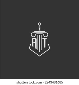 AT initial monogram law firm with sword and pillar logo design