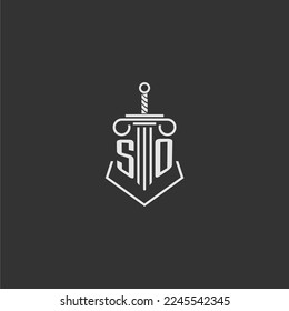 SO initial monogram law firm with sword and pillar logo design