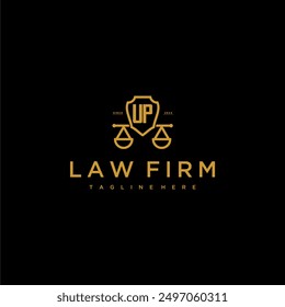 Monograma inicial de UP para el logotipo del bufete de abogados con escalas y escudo de Imagen de lujo