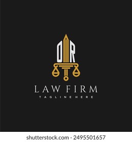 O monograma inicial para el logotipo del bufete de abogados con espada y escala
