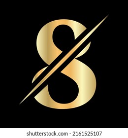 Diseño del logotipo inicial de la carta monograma 8 para la belleza, el signo real, el lujo y la moda, la plantilla de vectores de la compañía Spa. Símbolo de color dorado del logotipo Alphabet 8 de lujo