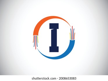 Alfabeto inicial monograma con cable eléctrico, cable de fibra óptica. emblema de letra. Diseño de logotipo vectorial moderno para etiquetas tecnológicas, negocios eléctricos e identidad de la empresa