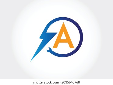 Initial A monogram letter alphabet with electric  Lighting bolt. Font emblem. Modern vector logo design for technology labels, electric business, and company identity
