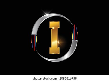 Initial I monogram letter alphabet with electric wire, optical fiber cable. Font emblem.
