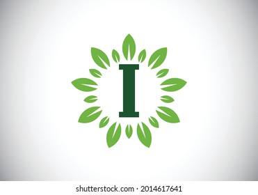 Initial I monogram letter alphabet with leaf wreath. Green leaf, flower logo design concept. Modern vector logo design for business, and company identity