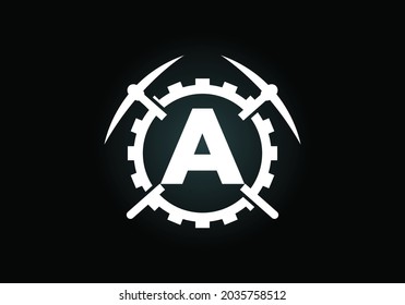 Initial A monogram letter alphabet with pickaxe and gear sign. Mining logo design concept. Modern vector logo for mining business and company identity.