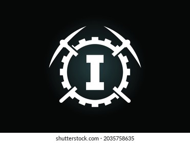 Initial I monogram letter alphabet with pickaxe and gear sign. Mining logo design concept. Modern vector logo for mining business and company identity.