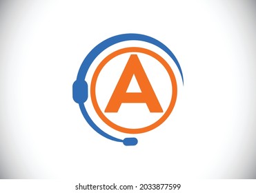 Initial A monogram letter alphabet and support service with headphones. Headphone logo. Hotline customer advice, call center help. Modern vector logo for business and company identity.