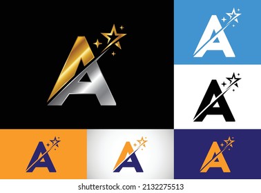 Initial A monogram letter alphabet with swoosh and star logo icon. Abstract star logo sign symbol design. Modern vector logo for business and company identity.