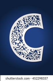 Initial monogram letter C.  Fancy alphabet letter for paper cutting. Floral drop cap.
