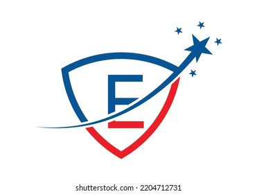 Initial Monogram Letter E With Star and Shield Logo Design Vector Template.