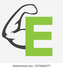 Initial Monogram Letter E Strong Logo Concept With Bicep Muscle Arm Symbol For Gym and Fitness Logotype