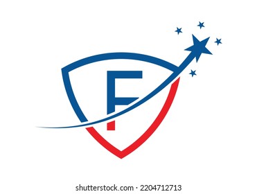Initial Monogram Letter F mit Design-Vektorvorlage für Sterne und Schilde-Logo.