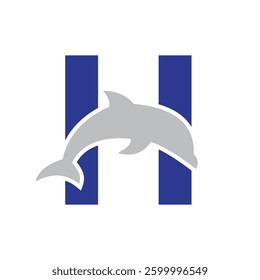 Initial Monogram Letter H Dolphin Logo Design Concept With Whale Symbol