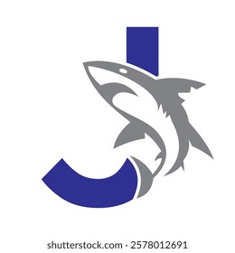 Initial Monogram Letter J Dolphin Logo Design Concept With Whale Symbol