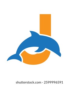 Initial Monogram Letter J Dolphin Logo Design Concept With Whale Symbol