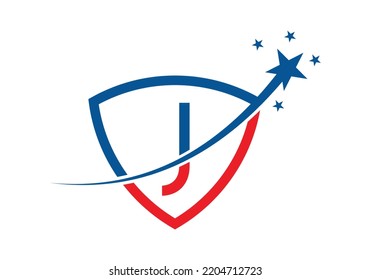 Initial Monogram Letter J With Star and Shield Logo Design Vector Template.