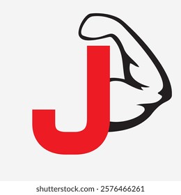 Initial Monogram Letter J Strong Logo Concept With Bicep Muscle Arm Symbol For Gym and Fitness Logotype