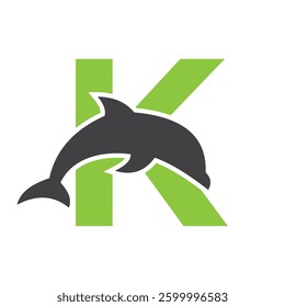 Initial Monogram Letter K Dolphin Logo Design Concept With Whale Symbol