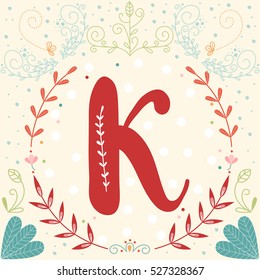 Initial monogram letter K in vector. Fancy alphabet letter. 