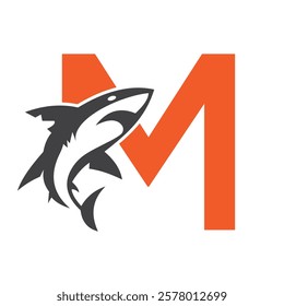 Initial Monogram Letter M Dolphin Logo Design Concept With Whale Symbol