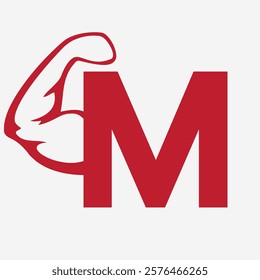 Initial Monogram Letter M Strong Logo Concept With Bicep Muscle Arm Symbol For Gym and Fitness Logotype