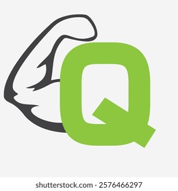 Initial Monogram Letter Q Strong Logo Concept With Bicep Muscle Arm Symbol For Gym and Fitness Logotype