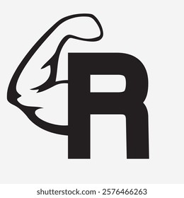 Initial Monogram Letter R Strong Logo Concept With Bicep Muscle Arm Symbol For Gym and Fitness Logotype