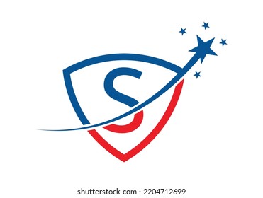 Initial Monogram Letter S With Star and Shield Logo Design Vector Template.