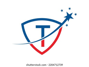 Initial Monogram Letter T With Star and Shield Logo Design Vector Template.