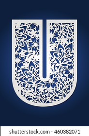 Initial monogram letter U with botanical pattern. May be used for laser cutting. Fancy floral alphabet. 