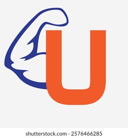 Initial Monogram Letter U Strong Logo Concept With Bicep Muscle Arm Symbol For Gym and Fitness Logotype