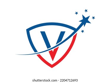 Initial Monogram Letter V With Star and Shield Logo Design Vector Template.
