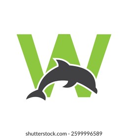 Initial Monogram Letter W Dolphin Logo Design Concept With Whale Symbol