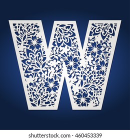 Initial monogram letter W. May be used for laser cutting. Fancy botanical alphabet letter. Floral letter paper cut by laser.